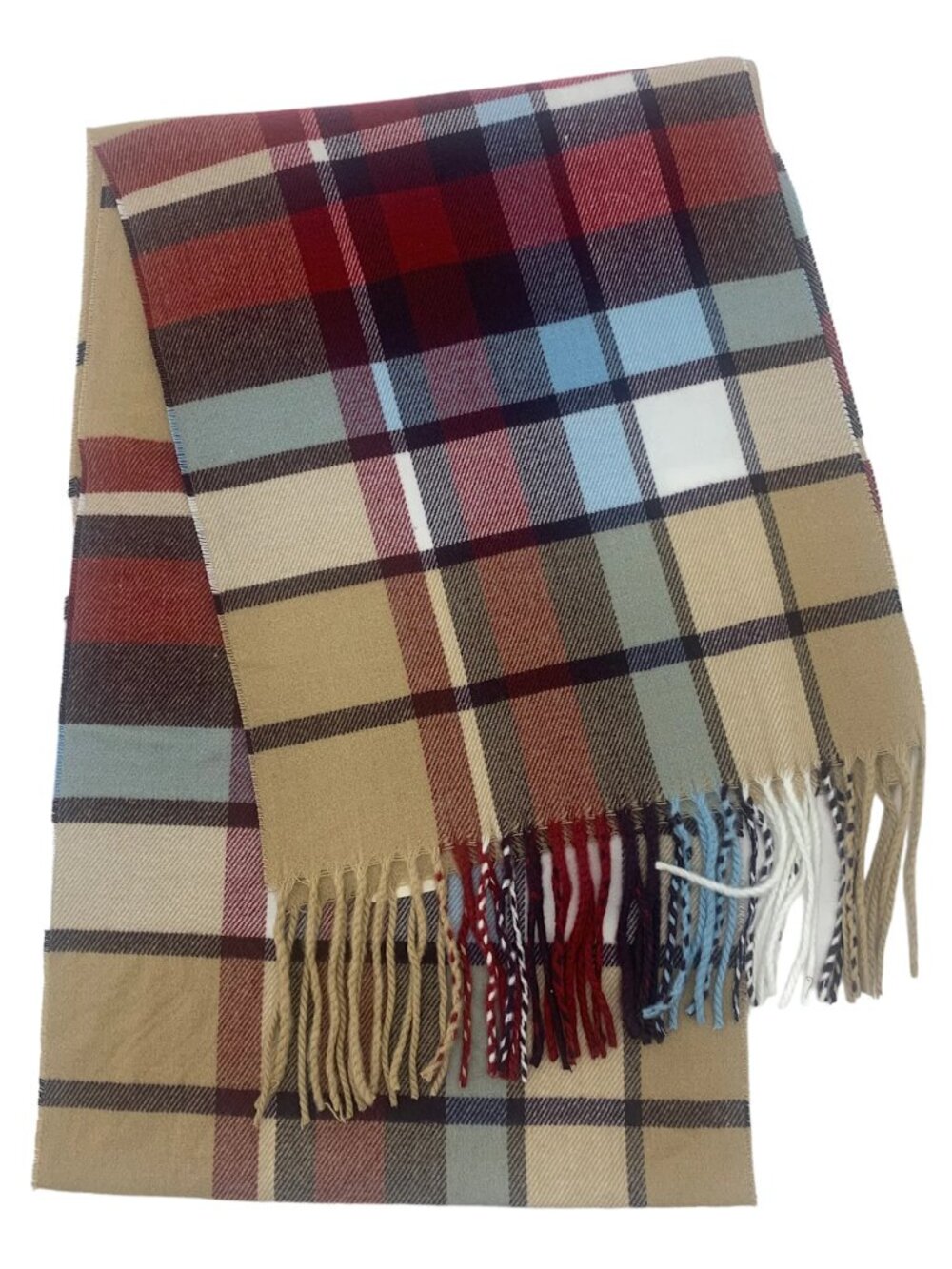 NEW 100% Acrylic Cashmere Feel Plaid Scarf - Beige Red & Blue